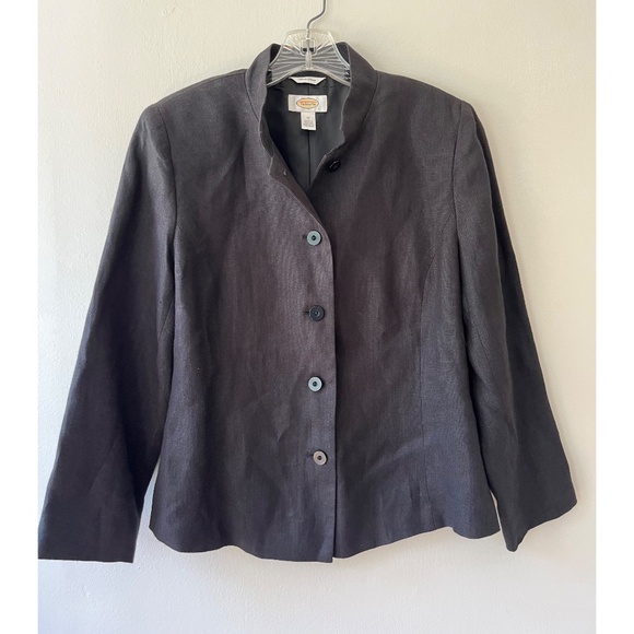 Talbots Sz 10 Irish Linen Black Mock Neck Button Down Blazer Shoulder Pads - Picture 2 of 9